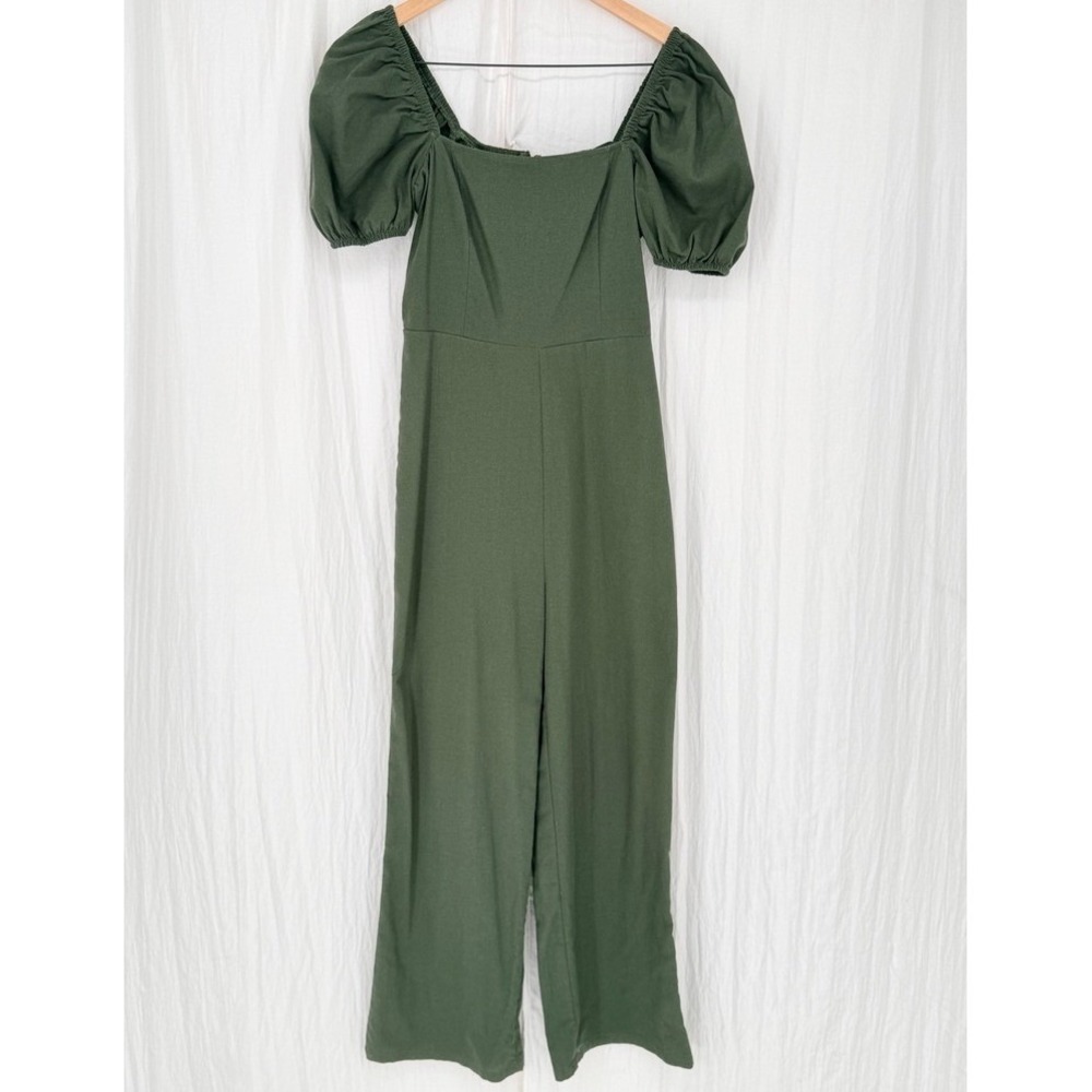 Audrey Parks Francesca's Olive Green Puff Sleeve Wide Leg Jumpsuit S